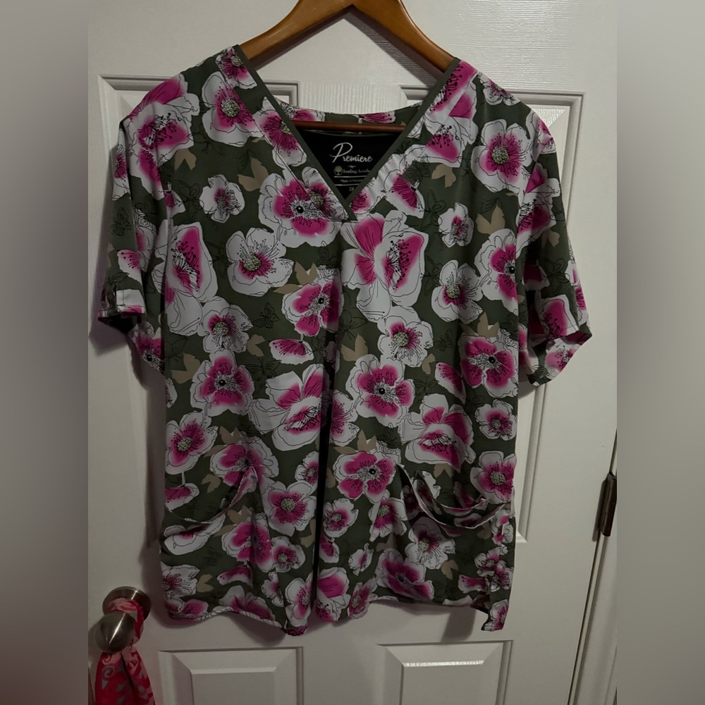 Premier by Healing Hands Pink and Green Scrub Top